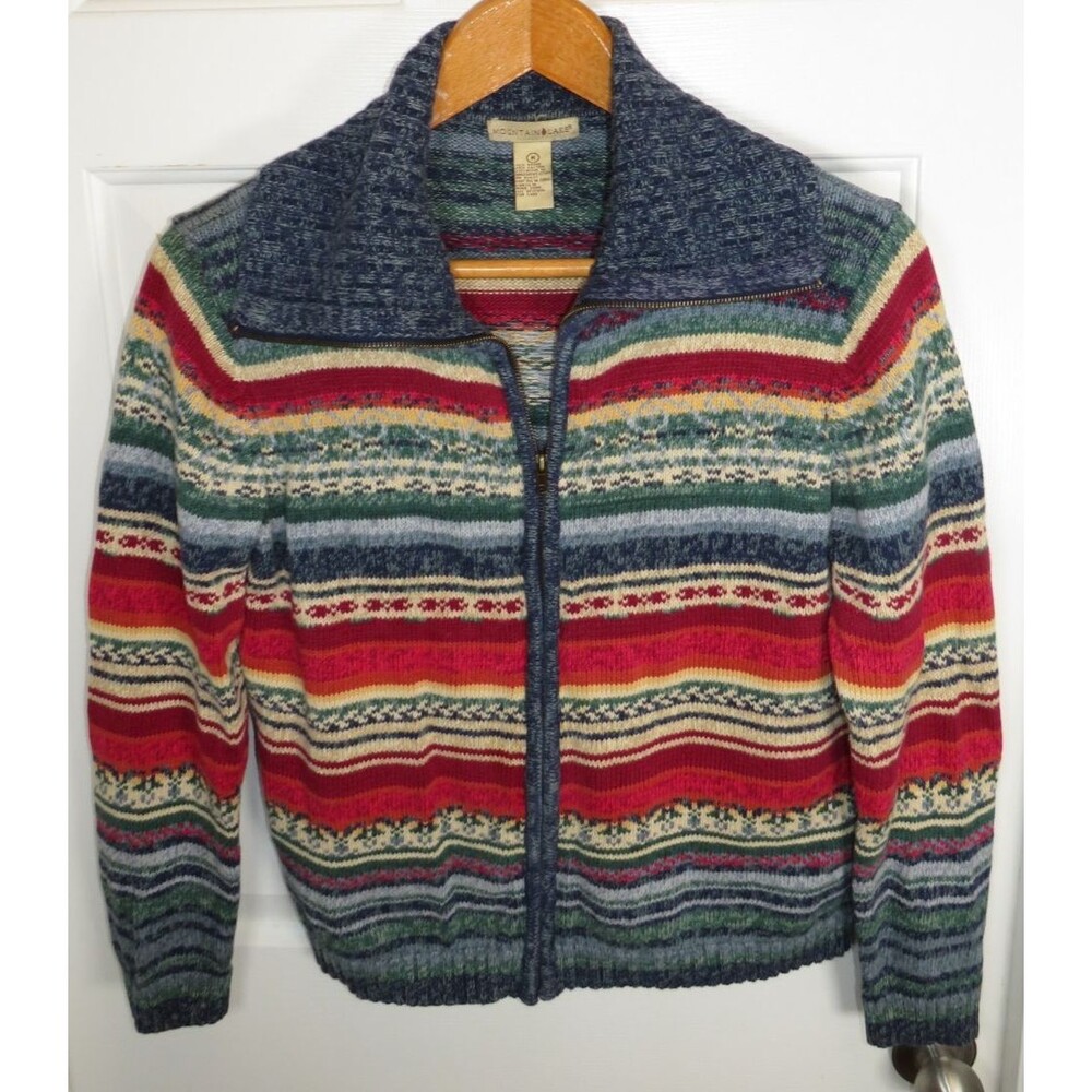 Vintage Mountain Lake Full Zip Cardigan Sweater Multicolor Stripe Women's Medium